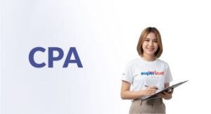 An outsourced accounting services woman executive is holding a blue folder. 