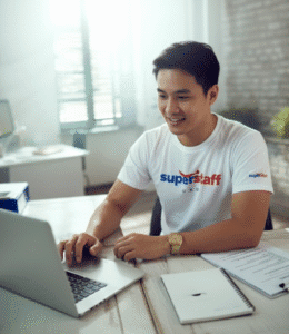 A payroll outsourcing professional is smiling while working on his papers.