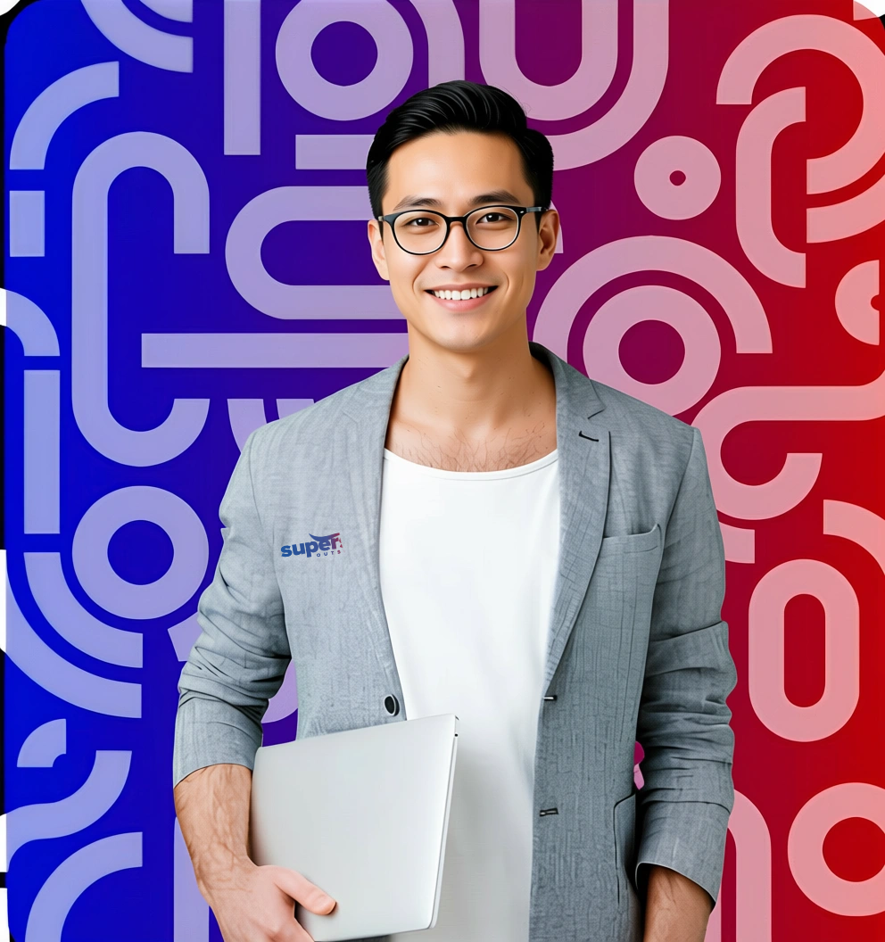 A financial analyst professional is holding a laptop while posing.
