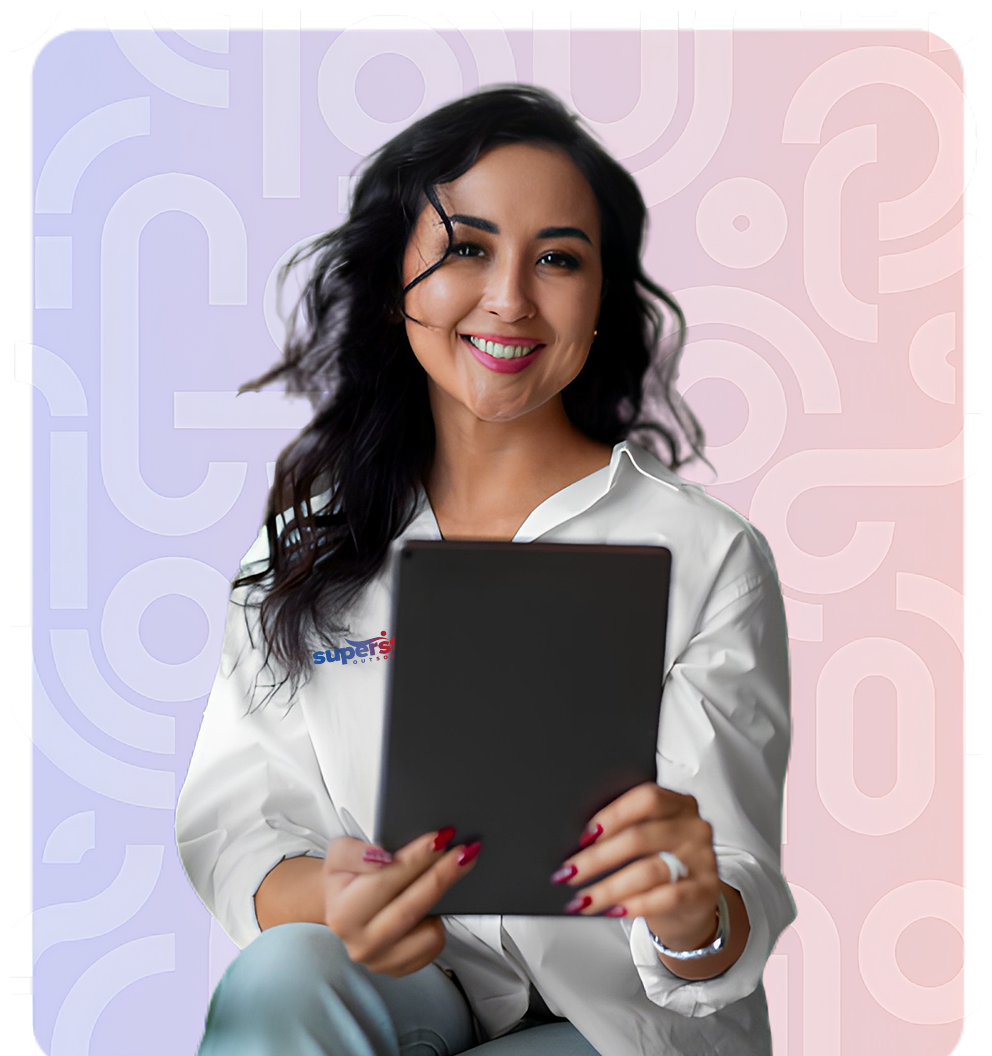 A financial analyst is holding her black tablet while posing for a camera shot.
