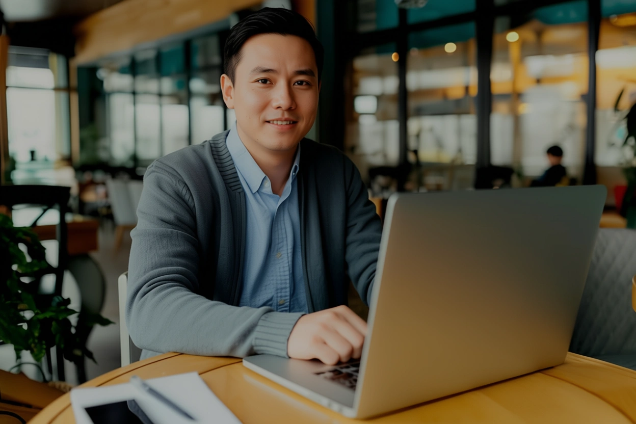 home 3 – Copy A virtual financial outsourcing services assistant works on his laptop.